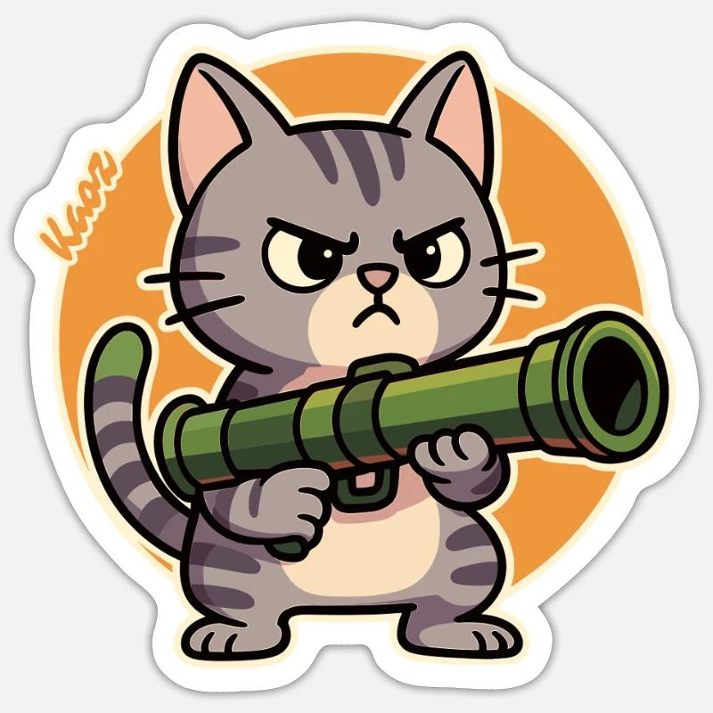Wütende Katze mit Panzerfaust – Comic Motiv Sticker Größe S (10 x 10 cm)