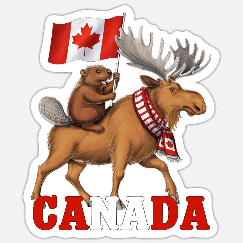 Canada Beaver Riding Moose COMPLET - Sticker taille S (10 x 10 cm) - blanc mat