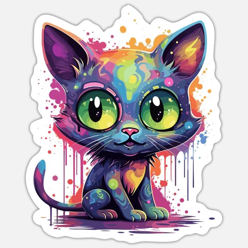 Bunte Neon Katze - Sticker Größe S (10 x 10 cm) - Mattweiß