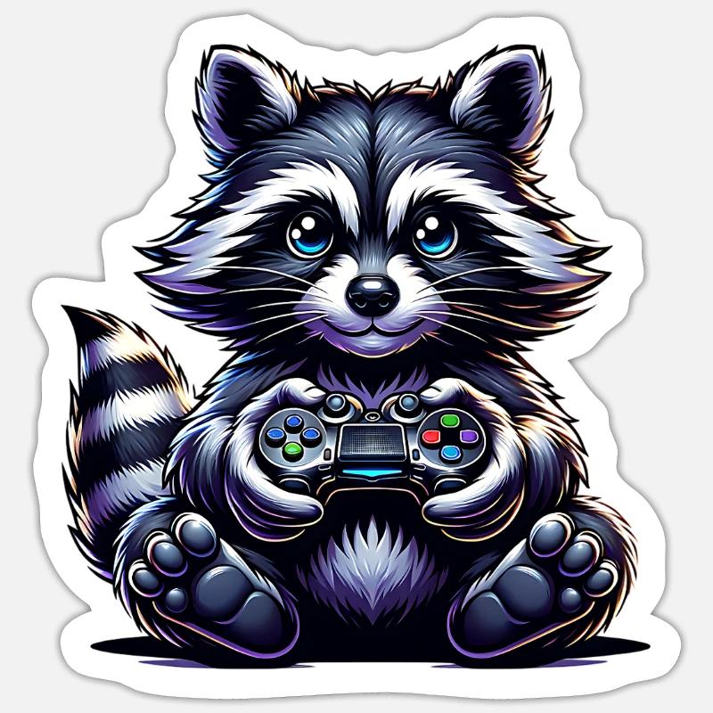 Waschbär Gamer Gaming Nerd - Sticker Größe S (10 x 10 cm) - Mattweiß