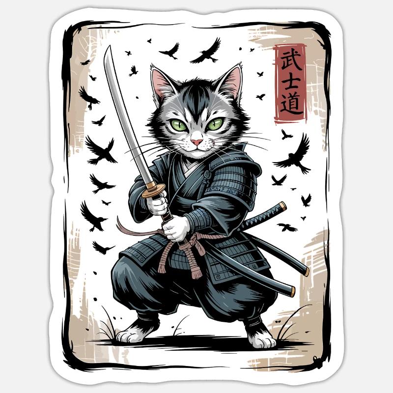 Samurai Cat Vintage Ukiyo-e Warrior Art Sticker size S (10 x 10 cm)