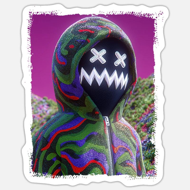 Psychedelic Maskenfigur Neon Glitch Grafik Sticker Größe S (10 x 10 cm)