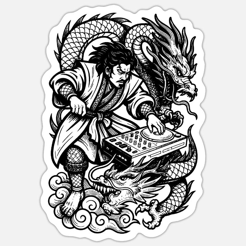 DJ Shirt: Samurai am Techno Mischpult mit Drachen - Sticker Größe S (10 x 10 cm) - Mattweiß