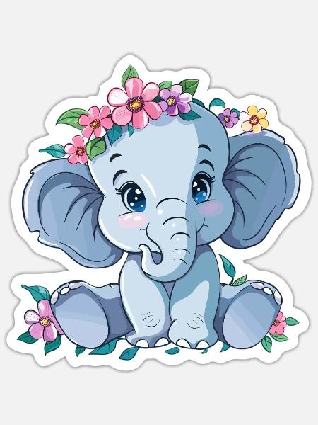 Blumenbaby Elefant - Sticker Größe S (10 x 10 cm) - Mattweiß