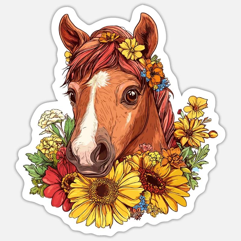 Cheval en couronne d’été - Sticker taille S (10 x 10 cm) - blanc mat