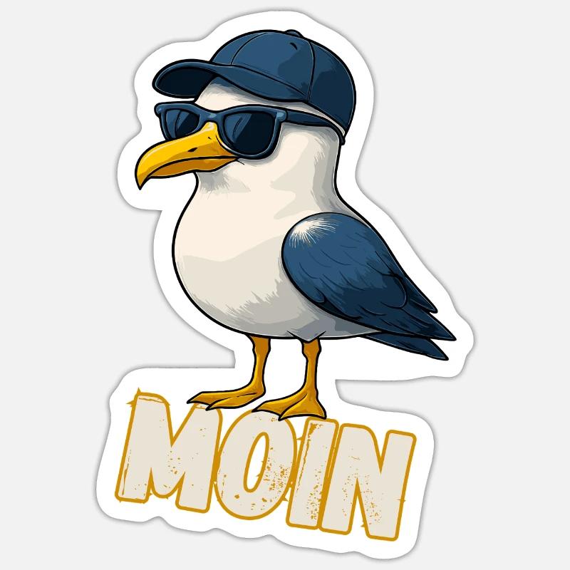 Coole Möwe mit Cap & Sonnenbrille - Moin Design - Sticker Größe S (10 x 10 cm) - Mattweiß