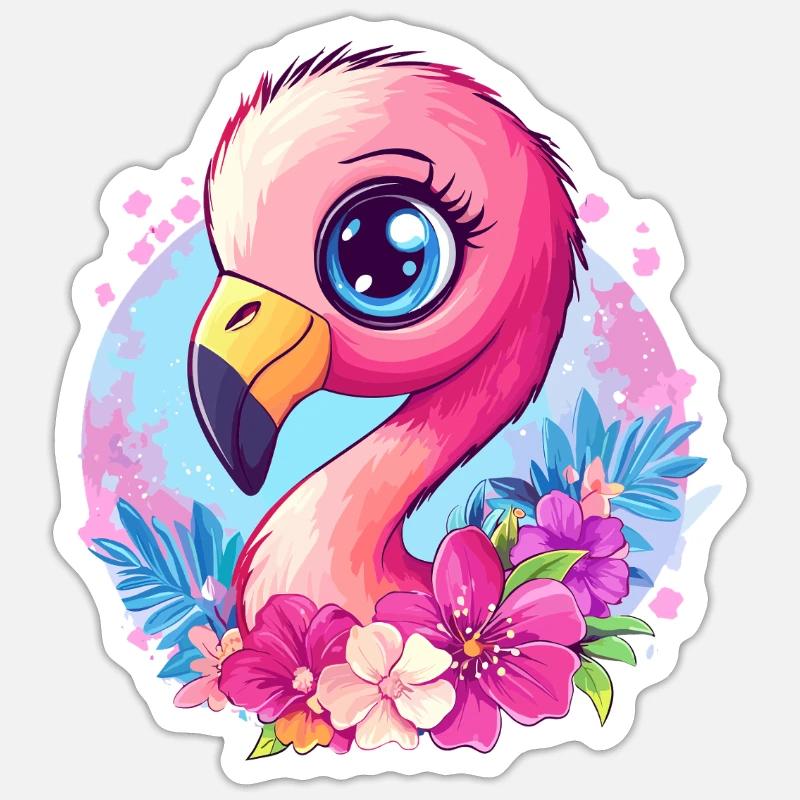 Flamingo mit Blütenzauber - Sticker Größe S (10 x 10 cm) - Mattweiß