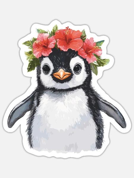 Pinguin mit Blütenkranz - Sticker Größe S (10 x 10 cm) - Mattweiß