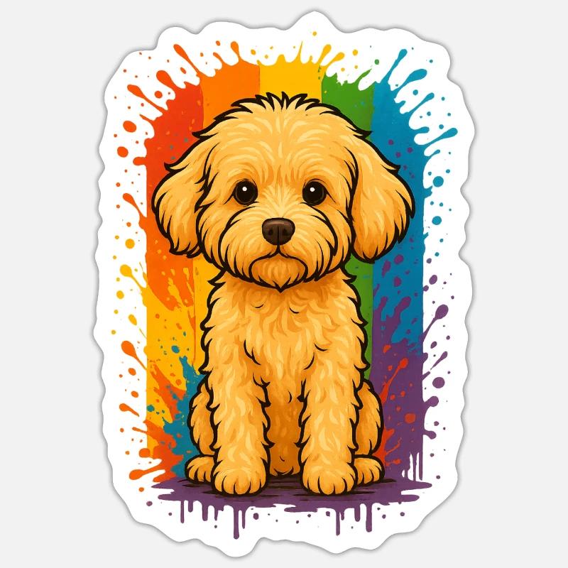 Maltipoo im Farbregen – Regenbogen Statement - Sticker Größe S (10 x 10 cm) - Mattweiß