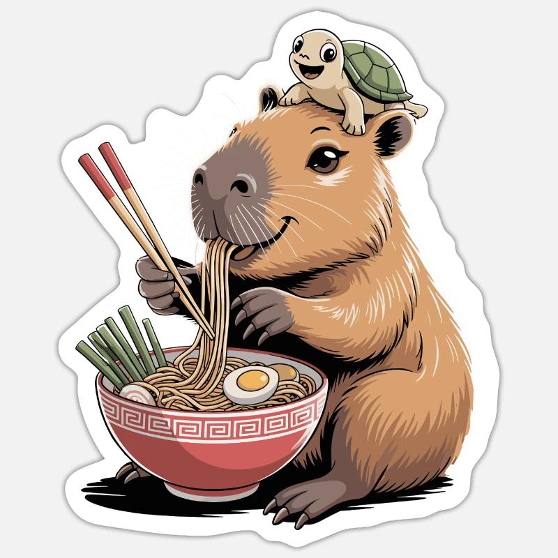 Cute capybara, ramen, turtle, capybara - Sticker size S (10 x 10 cm) - white matte
