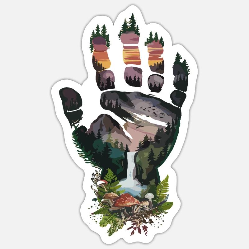 Empreinte de main de la forêt du soir avec cascade et Sticker taille S (10 x 10 cm)