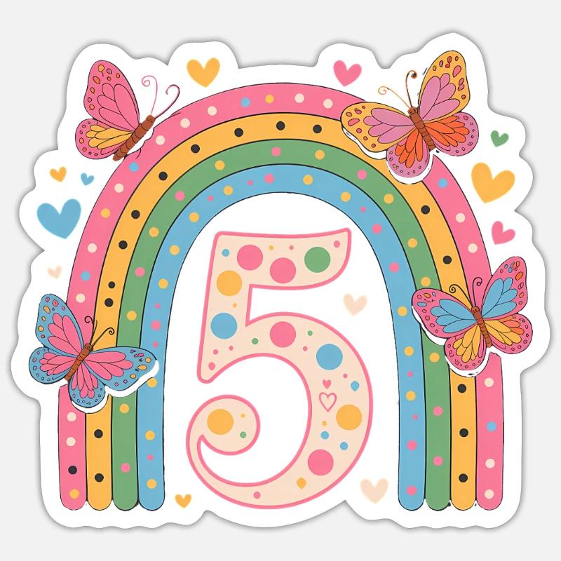 Regenbogen Schmetterling 5. Geburtstag Mädchen - Sticker Größe S (10 x 10 cm) - Mattweiß