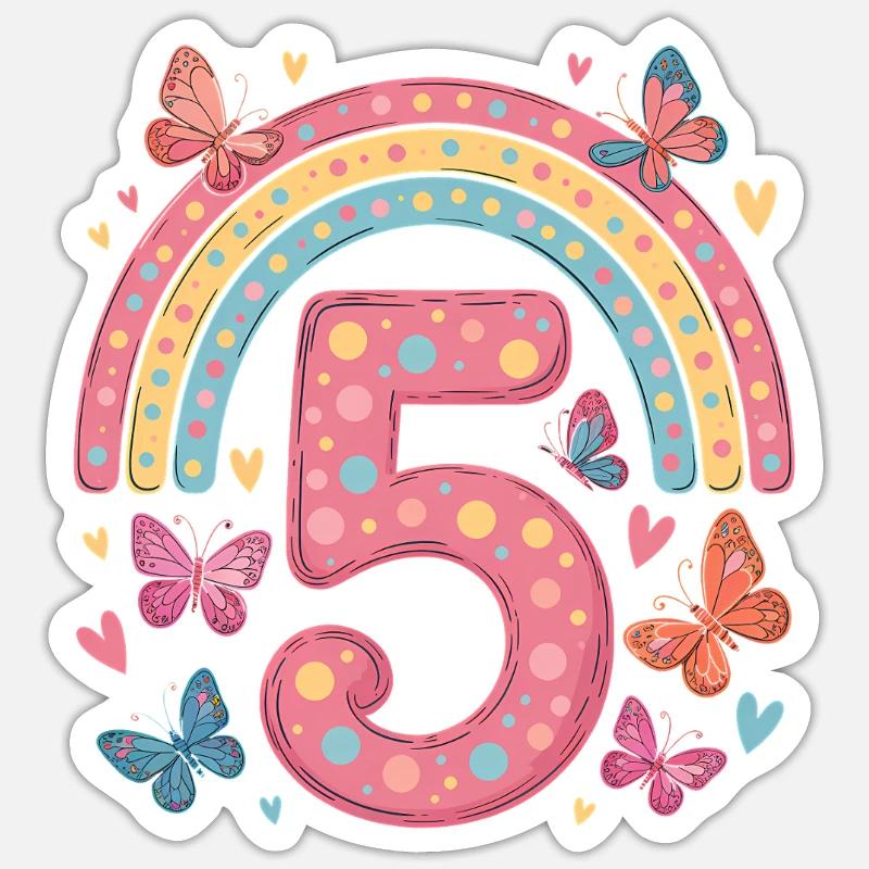 Regenbogen Schmetterling 5. Geburtstag Mädchen - Sticker Größe S (10 x 10 cm) - Mattweiß