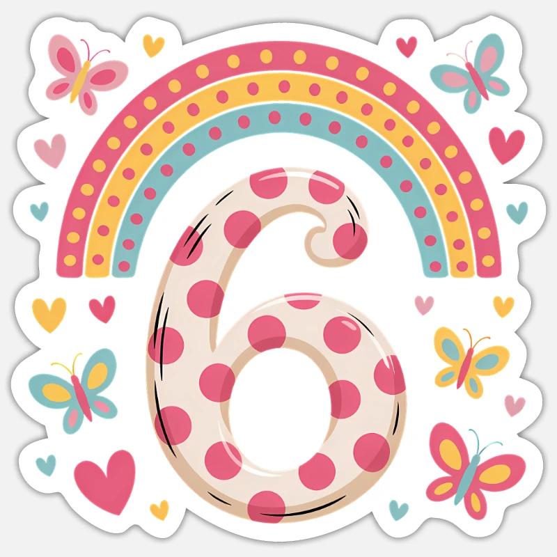 Regenbogen Schmetterling 6. Geburtstag Mädchen - Sticker Größe S (10 x 10 cm) - Mattweiß