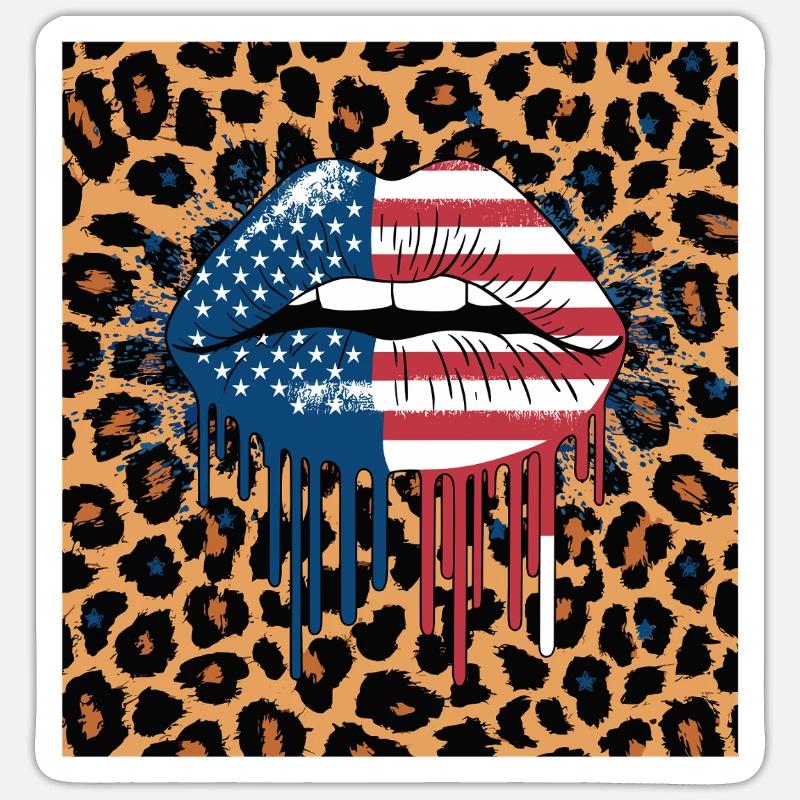 Leopard Lippen mit USA Flagge - Sticker Größe S (10 x 10 cm) - Mattweiß