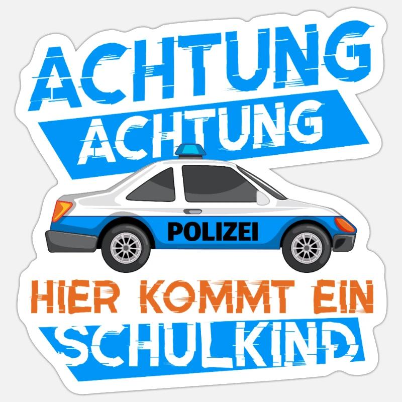 Polizeiauto mit Warnmeldung zum Schulstart - Sticker Größe S (10 x 10 cm) - Mattweiß