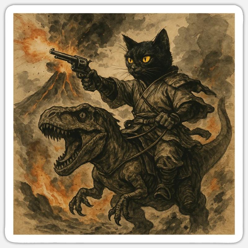 Samurai-Katze reitet auf Dinosaurier bei Vulkanausbruch - Sticker Größe S (10 x 10 cm) - Mattweiß