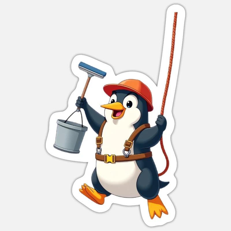 Penguin cleaning windows - Abseiling down - Sticker size S (10 x 10 cm) - white matte