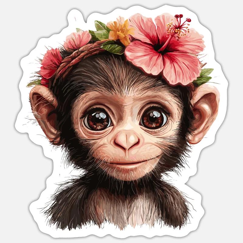 Süßer Affe mit Blumen - Sticker Größe S (10 x 10 cm) - Mattweiß