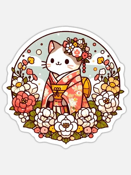 Kimono Katze mit Blumen - Sticker Größe S (10 x 10 cm) - Mattweiß