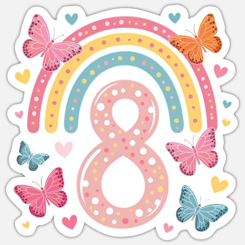 Regenbogen Schmetterling 8. Geburtstag Mädchen - Sticker Größe S (10 x 10 cm) - Mattweiß