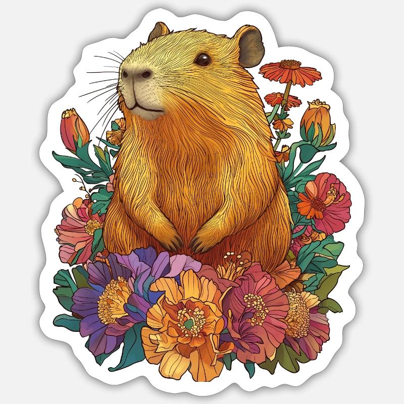Fleurs de capybara - Sticker taille S (10 x 10 cm) - blanc mat