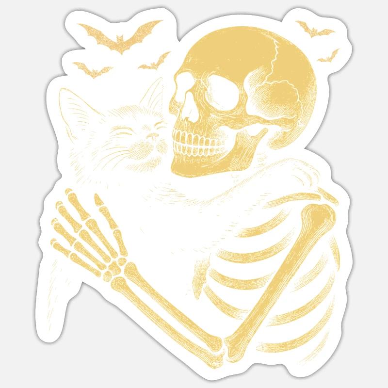 Halloween Mignon Squelette Câlin Chat - Sticker taille S (10 x 10 cm) - blanc mat
