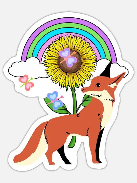 Regenbogen Fuchs Sonnenblume Kinder - Sticker Größe S (10 x 10 cm) - Mattweiß