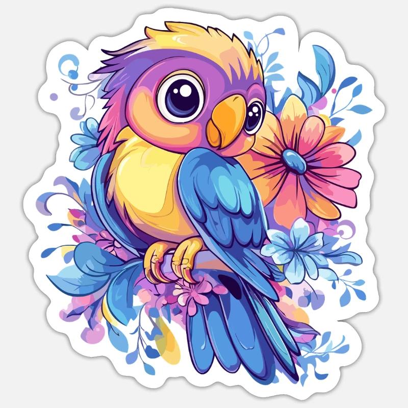 Perroquet sur fleurs - Sticker taille S (10 x 10 cm) - blanc mat