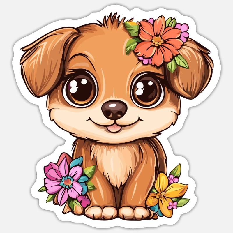 Chiot avec des fleurs - Sticker taille S (10 x 10 cm) - blanc mat