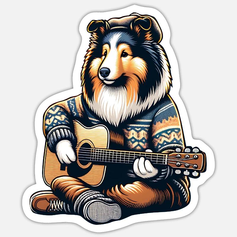 Collie Mit Akustikgitarre Im Strickpullover Sticker Größe S (10 x 10 cm)