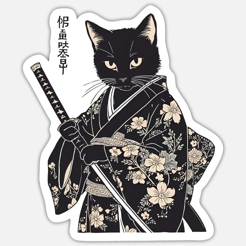 Samurai Katze – moderner japanischer Style Sticker Größe S (10 x 10 cm)