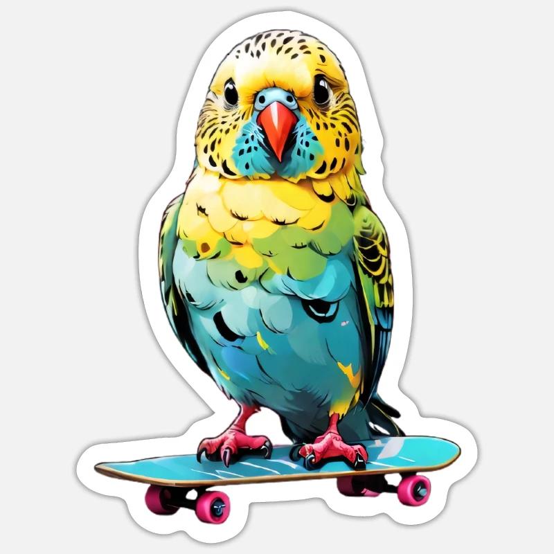 Perruche heureuse sur un skateboard Sticker taille S (10 x 10 cm)