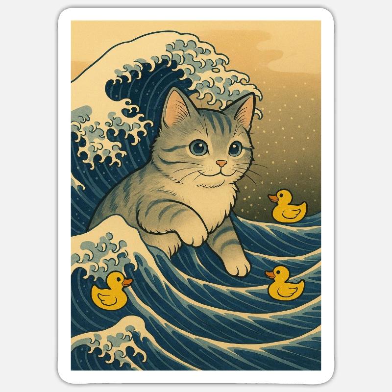 Chats dans la mer de vagues avec des canards - Sticker taille S (10 x 10 cm) - blanc mat