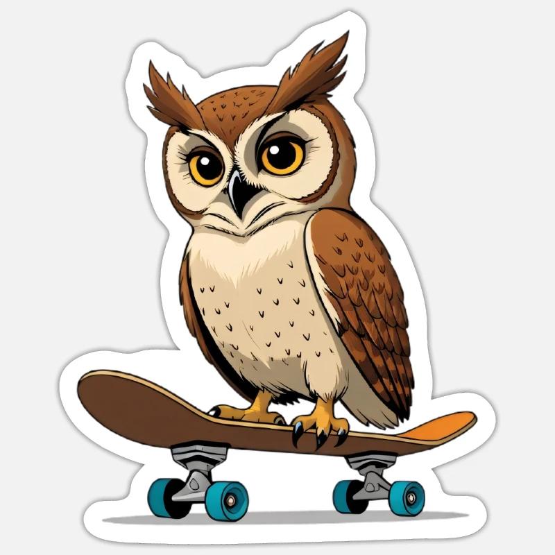 Eule auf Skateboard im Comic-Stil Sticker Größe S (10 x 10 cm)