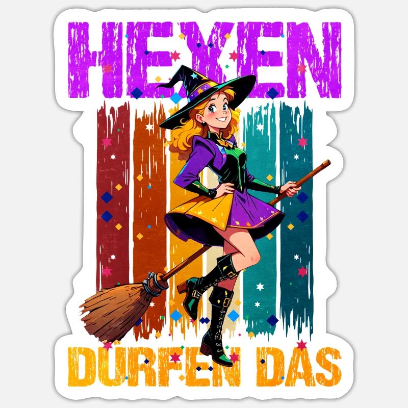 Sorcière magicienne sur balai - Sticker taille S (10 x 10 cm) - blanc mat