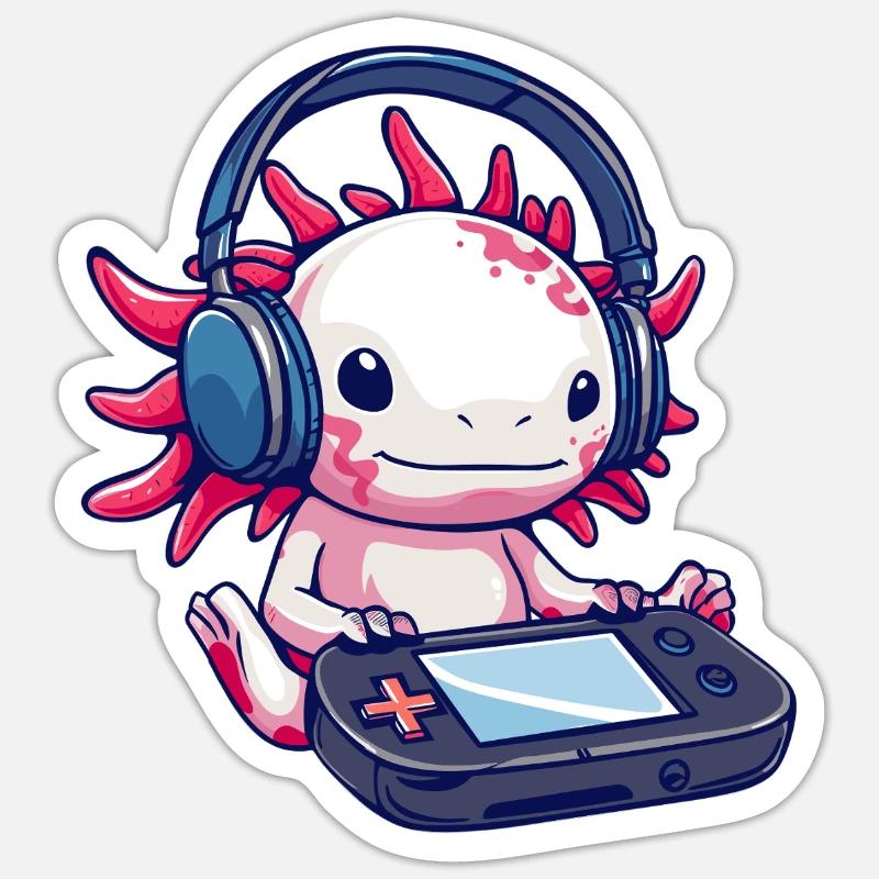 Axolotl mit Kopfhörern und Gaming-Controller - Sticker Größe S (10 x 10 cm) - Mattweiß