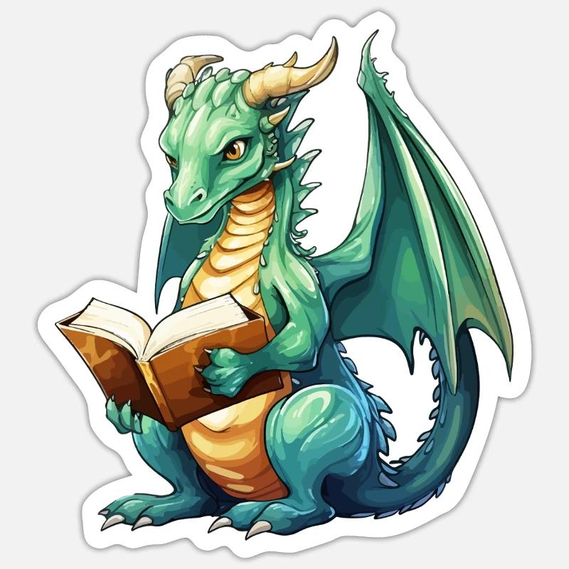 Fantasy-Lese-Drache mit Buch Sticker Größe S (10 x 10 cm)