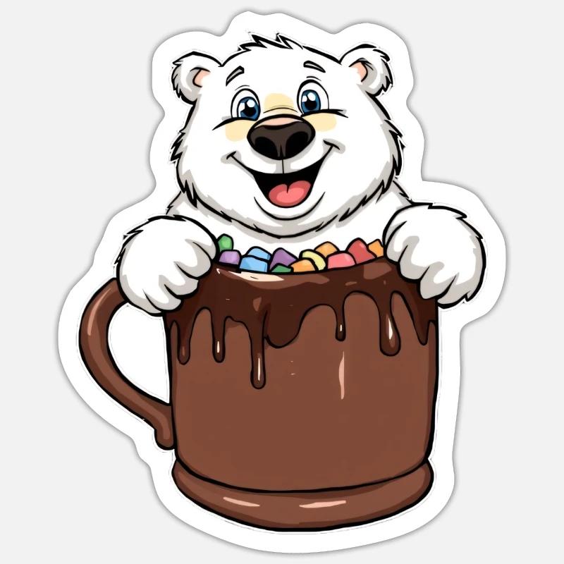 Playful polar bear with chocolate cup - Sticker size S (10 x 10 cm) - white matte