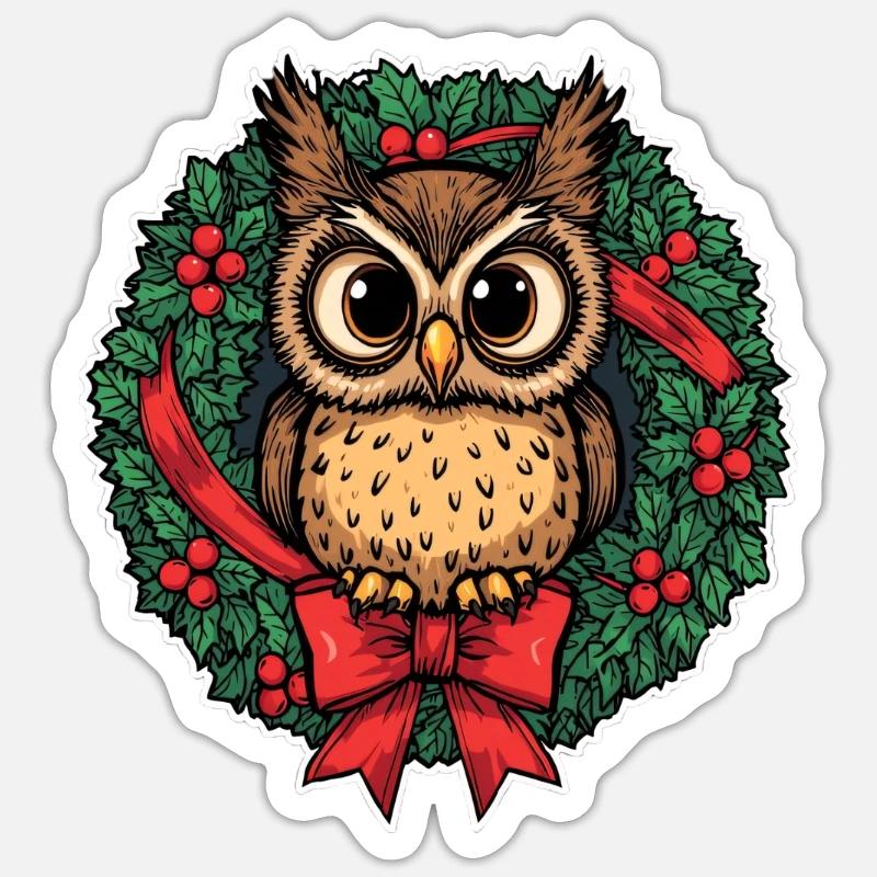 Eule im Weihnachtskranz Sticker Größe S (10 x 10 cm)