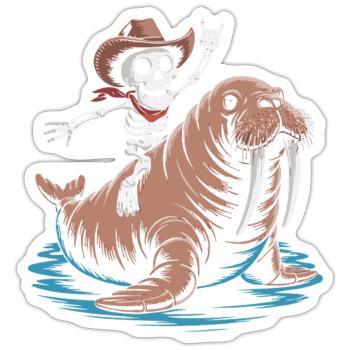 Cow-boy squelette sur morse - Sticker taille S (10 x 10 cm) - blanc mat - Devant