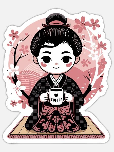 Kaffee und Kirschblüten Harmonie im Kimono - Sticker Größe S (10 x 10 cm) - Mattweiß