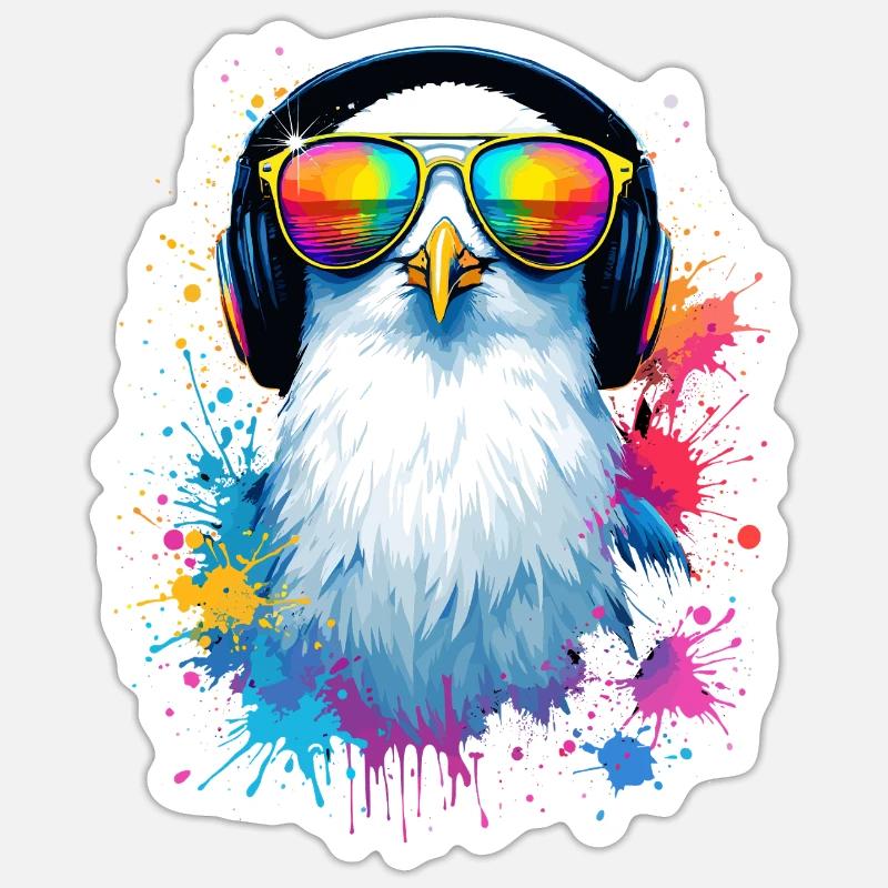 Bunte Möwe Vogel mit Kopfhörer Sonnenbrille - Sticker Größe S (10 x 10 cm) - Mattweiß