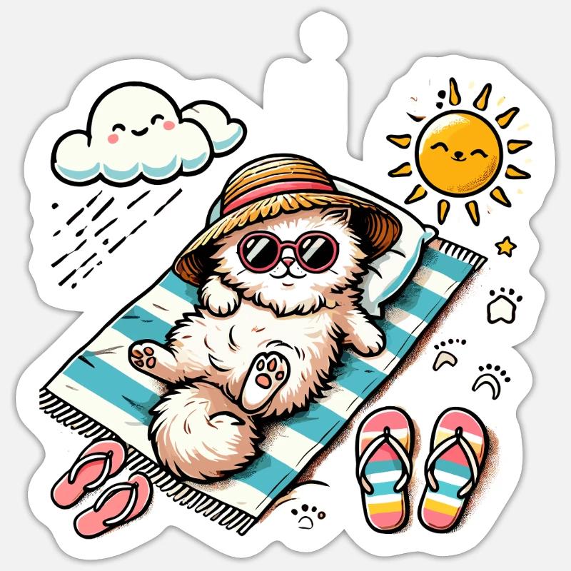 Plage Chat Relaxant Soleil - Sticker taille S (10 x 10 cm) - blanc mat