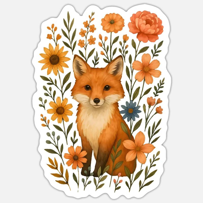 Fuchs mit Blumen Cottagecore - Sticker Größe S (10 x 10 cm) - Mattweiß
