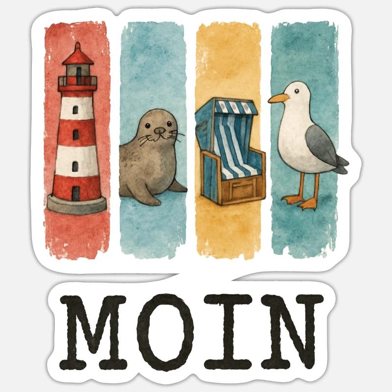 Moin Leuchtturm Robbe Strandkorb Möwe Küste - Sticker Größe S (10 x 10 cm) - Mattweiß