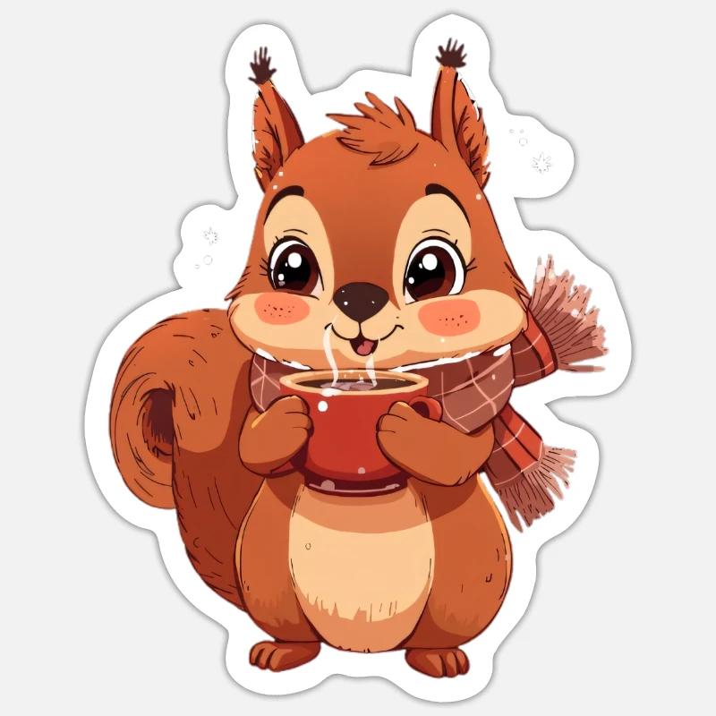 Winterliches Eichhörnchen mit Tasse - Sticker Größe S (10 x 10 cm) - Mattweiß