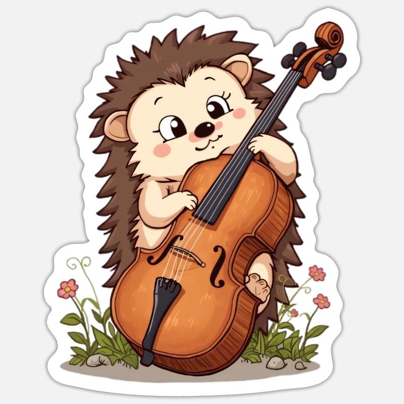 Hérisson violoncelle dans le jardin fleuri - Sticker taille S (10 x 10 cm) - blanc mat