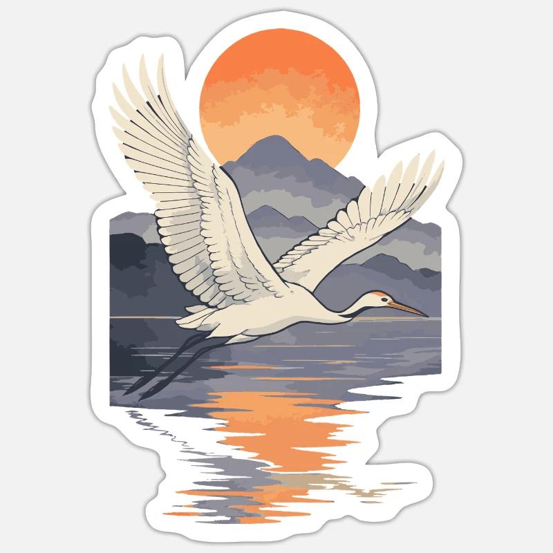Crane Flying at Sunset Reflection - Sticker size S (10 x 10 cm) - white matte