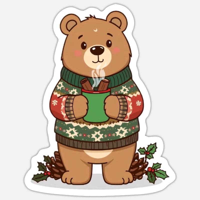 Winter bear with steaming cocoa - Sticker size S (10 x 10 cm) - white matte